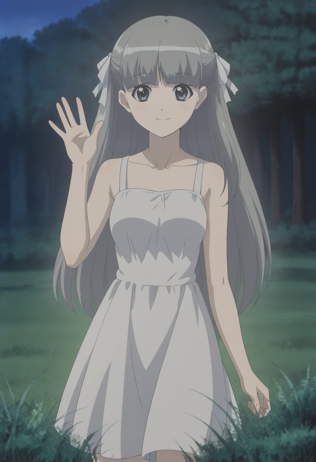 <lora:Hakana-Girls_Bravo:0.8>,1girl,solo,Hakana,long hair,hair ribbon,bangs,grey hair,anime coloring,sundress, wind,grass,nature, looking at viewer, waving, smile,light blush,