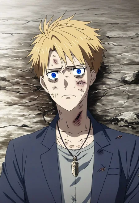 high resolution, professional photography, solo, best quality, 1Boy, Yamato Ishida, Blond Hair, Deep Blue Eyes, Necklace, lying down, conquered, hurt, dying, battered, blank stare, bruised, OverallDetail
