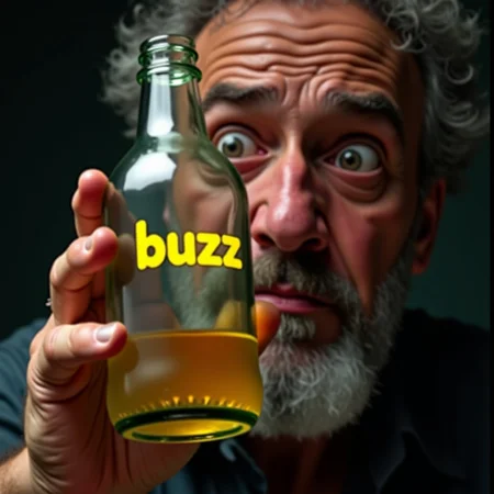 photo realistic, old workshpo, close up, 50 years old stoic man,wild hair, eyes wide, looks at glass bottle, suprised face, closed sad mouth,
hold emty glass bottle upside down, on glass bottle written:"buzz" in yellow colour,
small yellow liquid drops from glass bottle