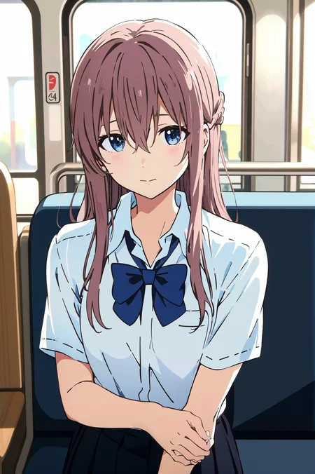 koe no katachi, shirt, 1girl, collared shirt, long hair, train interior, white shirt, bow, brown hair, short sleeves, letterboxed, bangs, solo, closed mouth, facing viewer, blurry, school uniform, blue bow, dress shirt, upper body, depth of field, hair between eyes, blurry background, bowtie, ground vehicle, indoors, ((masterpiece)) <lora:koe_no_katachi_offset:1>