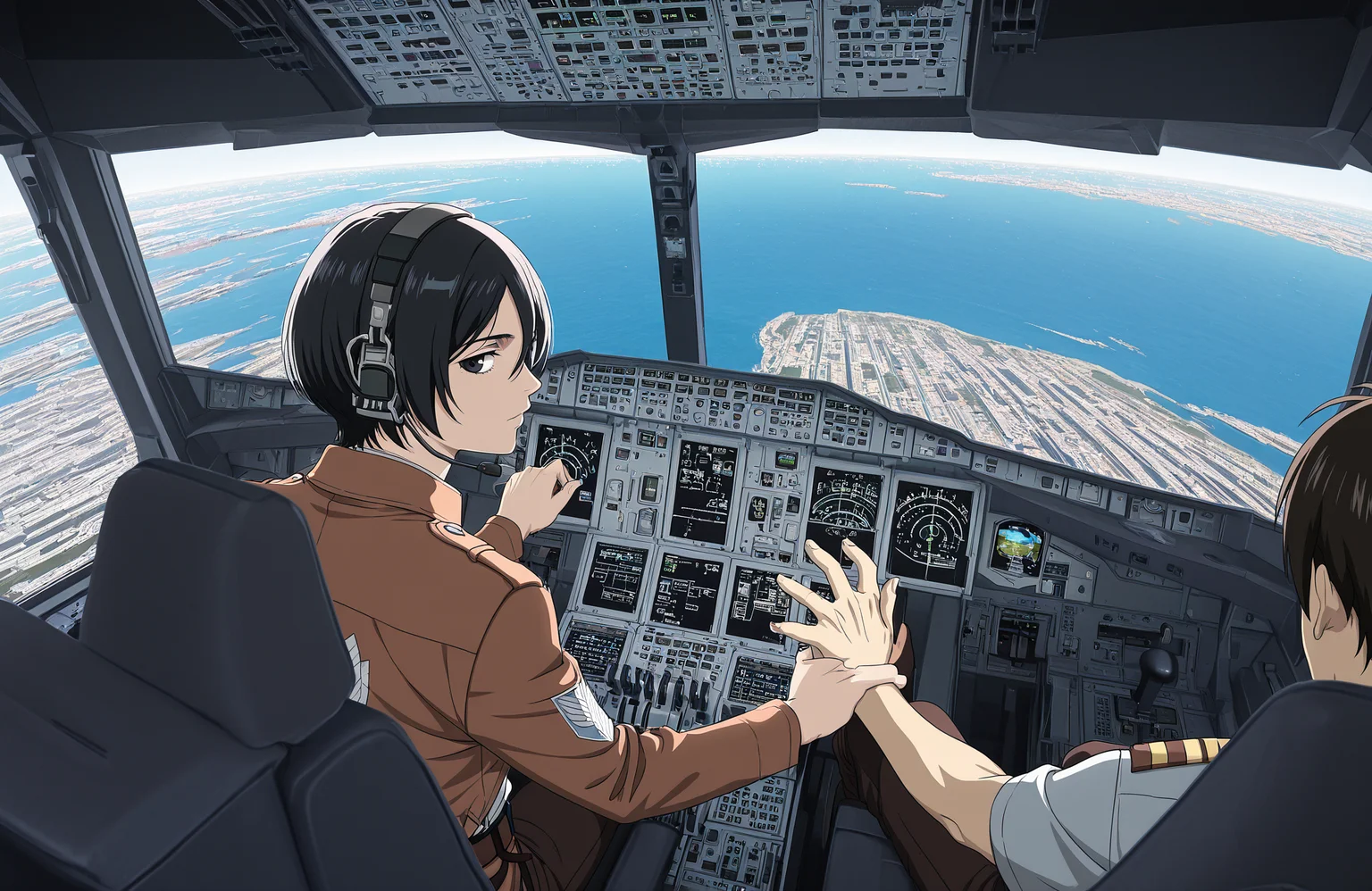 anime coloring,
<lora:[Concept - IL] A380 Cockpit (R2E10):1> a380cockpit,
1boy, 1girl,
mikasa ackerman, eren yeager,
looking back, looking at viewer, facing away,
navigation display,
overhead panel,
thrust lever,
sitting, seat,
pilot uniform, headset,
indoors,
from behind, 
hand on thrust lever,
from above, day, sea, ocean, city, city walls,
best quality, masterpiece,