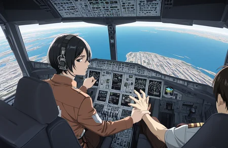anime coloring,
<lora:[Concept - IL] A380 Cockpit (R2E10):1> a380cockpit,
1boy, 1girl,
mikasa ackerman, eren yeager,
looking back, looking at viewer, facing away,
navigation display,
overhead panel,
thrust lever,
sitting, seat,
pilot uniform, headset,
indoors,
from behind, 
hand on thrust lever,
from above, day, sea, ocean, city, city walls,
best quality, masterpiece,