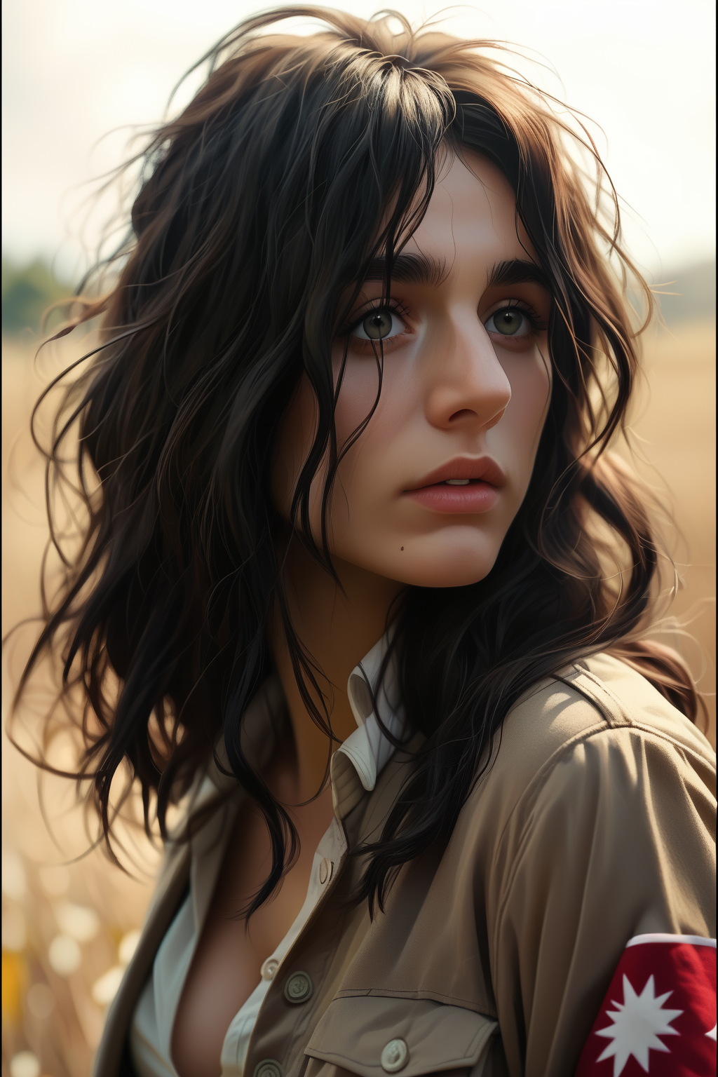 score_9, score_8_up, score_7_up, score_6_up, score_5_up, score_4_up, masterpiece, high quality, BREAK, full body, BREAK, 1girl,  <lora:Pieck Finger:0.8> Pieck Finger, long black hair, messy hair, large breasts, narrow waist, red armband, grey eyes, white blouse, trench coat,