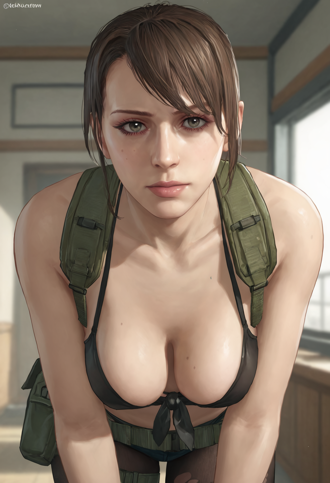 score_9, score_8_up, score_7_up, 1girl, quiet_mgsv, leaning forward, breast squish, cleavage, <lora:quiet_msgv_pony:0.6>
