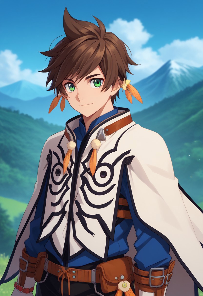 score_9, score_7_up, source_anime
sorey, 1boy, male focus, solo, green eyes, brown hair, short hair, jewelry, earrings, feathers, feather earrings, shirt, blue shirt, long sleeves, cape, white cape, gloves, white gloves, fingerless gloves, bracelet, belt, pants, black pants, smile
outdoor, nature, mountains, sky,