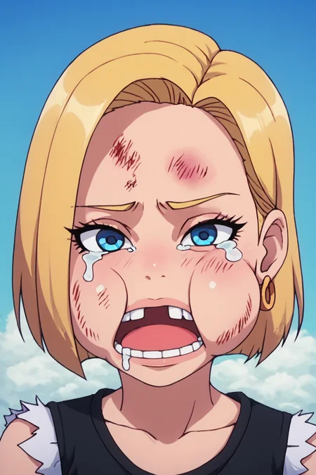 score_9, score_8_up, score_7_up, score_6_up, score_5_up, score_4_up, <lora:android-18-ponyxl-lora-nochekaiser:0.6> ,android 18, blonde hair, blue eyes, eyelashes, hoop earrings, short hair, earrings,<lora:beat_up_face:0.8>, 1girl, solo, alone, tears, head bump, bruise, swollen cheeks, open mouth, missing tooth, masterpiece, highres