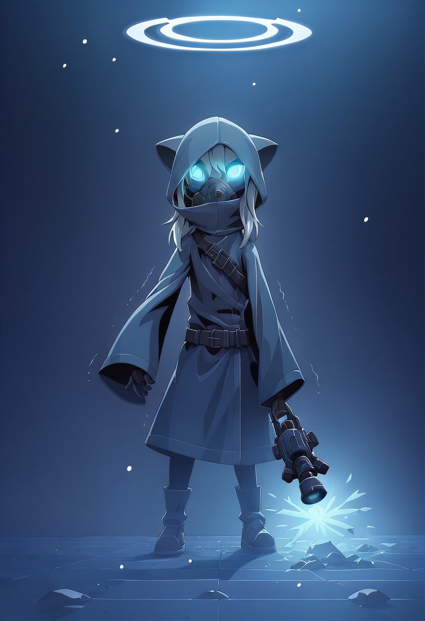 score_9, score_8_up, score_7_up, BREAK source_anime , 
paige,solo,portrait,furry,furry female,animal ears,
(masterpiece, best quality:1.2), amazing quality, very aesthetic, 32k, absurdres, extremely beautiful, newest, scenery,  extra details, (sharp detailed:1.2), 
beautiful detailed hair, shiny hair, beautiful detailed background,  extremely detailed eyes, extremely detailed hair,
 half-closed eyes, expressionless, long hair, looking at viewer, long sleeves, gloves, holding,  weapon, belt, hood, wide sleeves, holding weapon, hair over one eye, coat, mask, glowing, glowing eyes, hood up, snow,  snowing, mouth mask, dark blue jacket, over shoulder, weapon over shoulder, utility pole, gas mask, respirator, black leotard,
halo, Liquid energy trails, blue energy flows,
trembling,  (heart:0.9),
dutch angle,
debris, particles, dark background, dark blue background, (night:0.8), depth of field, blurry background, (black_hole:1.2), raised hand, event horizon, blue theme,