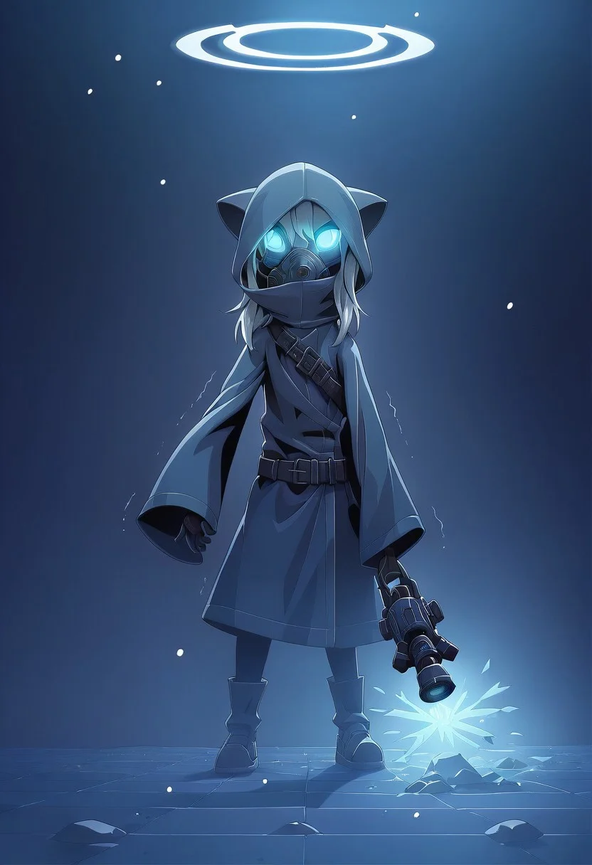 score_9, score_8_up, score_7_up, BREAK source_anime ,
paige,solo,portrait,furry,furry female,animal ears,
(masterpiece, best quality:1.2), amazing quality, very aesthetic, 32k, absurdres, extremely beautiful, newest, scenery, extra details, (sharp detailed:1.2),
beautiful detailed hair, shiny hair, beautiful detailed background, extremely detailed eyes, extremely detailed hair,
half-closed eyes, expressionless, long hair, looking at viewer, long sleeves, gloves, holding, weapon, belt, hood, wide sleeves, holding weapon, hair over one eye, coat, mask, glowing, glowing eyes, hood up, snow, snowing, mouth mask, dark blue jacket, over shoulder, weapon over shoulder, utility pole, gas mask, respirator, black leotard,
halo, Liquid energy trails, blue energy flows,
trembling, (heart:0.9),
dutch angle,
debris, particles, dark background, dark blue background, (night:0.8), depth of field, blurry background, (black_hole:1.2), raised hand, event horizon, blue theme,