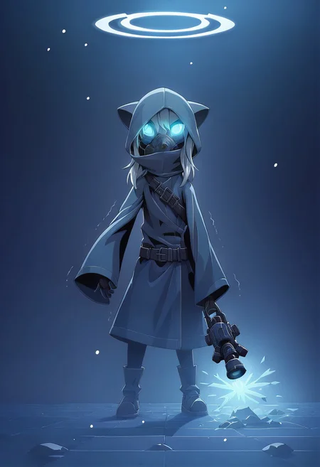 score_9, score_8_up, score_7_up, BREAK source_anime , 
paige,solo,portrait,furry,furry female,animal ears,
(masterpiece, best quality:1.2), amazing quality, very aesthetic, 32k, absurdres, extremely beautiful, newest, scenery,  extra details, (sharp detailed:1.2), 
beautiful detailed hair, shiny hair, beautiful detailed background,  extremely detailed eyes, extremely detailed hair,
 half-closed eyes, expressionless, long hair, looking at viewer, long sleeves, gloves, holding,  weapon, belt, hood, wide sleeves, holding weapon, hair over one eye, coat, mask, glowing, glowing eyes, hood up, snow,  snowing, mouth mask, dark blue jacket, over shoulder, weapon over shoulder, utility pole, gas mask, respirator, black leotard,
halo, Liquid energy trails, blue energy flows,
trembling,  (heart:0.9),
dutch angle,
debris, particles, dark background, dark blue background, (night:0.8), depth of field, blurry background, (black_hole:1.2), raised hand, event horizon, blue theme,