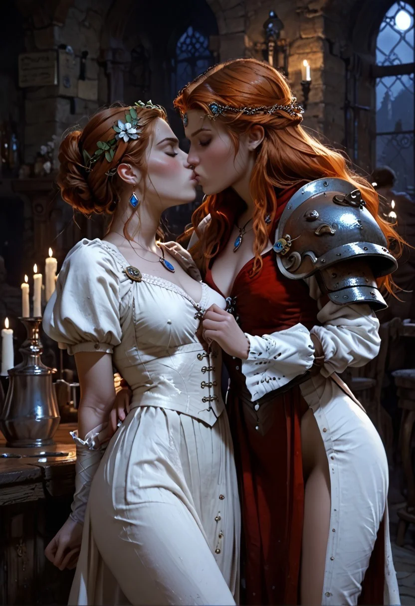 safe_pos, safe_pos, score_9, score_8_up, score_7_up, score_6_up, 2girls, 21 year old, ((night)), (wide shot),
((medieval)), short female enchantress slut, kissing, tall dominating female warrior, ((height difference)), inside medieval tavern, people dancing, party, medieval band in background, bartender, candles, music, high cut clothing, ornate, nighttime, ((deep v-neck)), head leaning back, romantic, reaching, (ornate clothing), ((metal armor)), ((plunging neckline)), perfect figure, ((short skirt)), ((arms behind back)), intimate, hand in another's mouth,

highly detailed skin, perfect hips, wide hips, highly detailed skin, glistening skin, gloom, movie still, ((perfect eyes)), ((Low-key lighting)), ((dark background)), dark