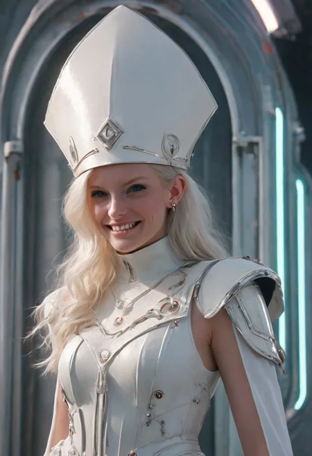 Beautiful smiling neon-pastel Bishop, Freckles, light smile, Grit, Rust, Stains, futuristic space grunge style, a petite Busty albino scandinavian Woman wearing White used Cotton Dress armor,Bishop's hat, very long breaded ponytail,orbstaff,  textured, excited, neon vintage, edgy, Sci-fi punk rock vibe, dirty, noisy, in iconic Napoleon Bonaparte Pose, Vintage space Uniform, very detailed, hd