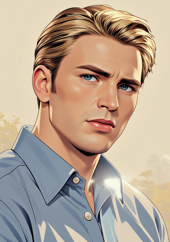 artistic illustration of steverogers, solo, shirt, blonde_hair, 1boy, male_focus, portrait, manly
