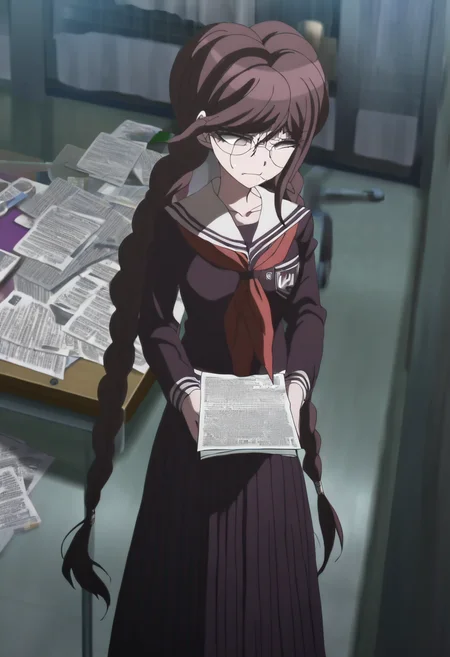 (((solo))), masterpiece, best quality, very aesthetic, modern, modern anime, newest, absurdres, highres, aerial view , neutral expression , (((solo))),danganronpa_(series),<lora:Toko_Fukawa_Illustrious:1>, This is an anime screencap from Danganronpa 3. Toko Fukawa sits at her desk in her dorm room, completely buried under a cascade of loose manuscript pages that are falling all around her. Only her panicked face and glasses are visible amidst the paper avalanche, with her braids sticking out comically from the pile. Toko Fukawa wearing her uniform from Danganronpa 1. She has long dark purple hair in two braids, gray eyes and large round glasses. Her large, dark grey glasses are slightly crooked at an angle. Her uniform is a dark purple Japanese school uniform. The uniform has long sleeves, a collared shirt with a red ribbon and a long skirt with the school crest on the upper left sleeve. A red ribbon is tied around the collar of her shirt.