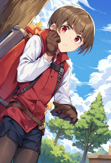 score_9, score_8_up, score_7_up, source_anime, highly detailed,
deimne, solo, 1boy, male focus, straight hair, brown hair, fringe, stripe, hair, red eyes, large hair, bangs, middle stripe, gloves, looking at viewer, brown gloves, pantyhose, whit panthyhose, shirt, white shirt, red tunic, Bob cut, hair middle stripe,
outdoor, sky, tree, clouds