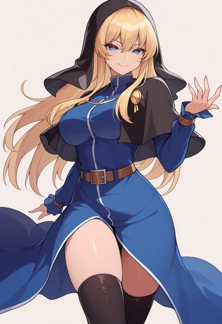 masterpiece, best quality, 1girl, smile, solo, looking at viewer, <lora:Goeniko-illus_Fp-000009:1>, g0eniko, blonde hair, blue eyes, long hair, habit, blue dress, collared dress, black capelet, black thighhighs, belt, simple background,