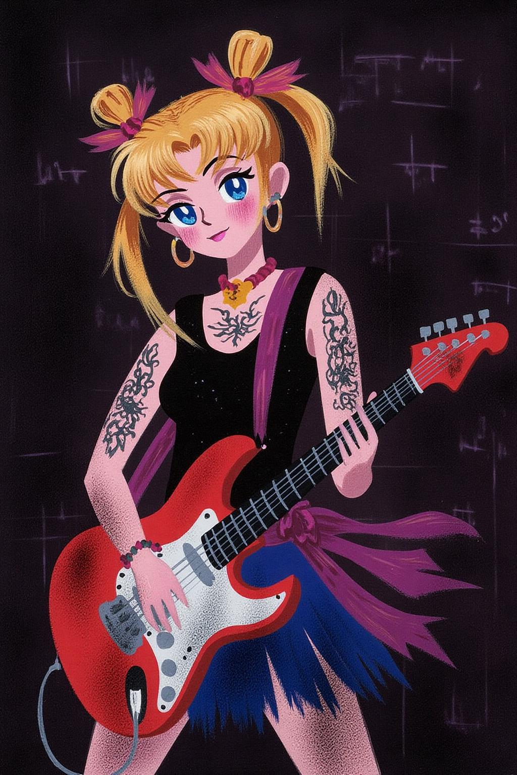 maryblair1 illustration.
 Punk sailor moon playing a guitar at a heavy metal mosh pit, tattoos, piercing. <lora:maryblair2_cap_d8a4:1.0><lora:846223692783421579:0>