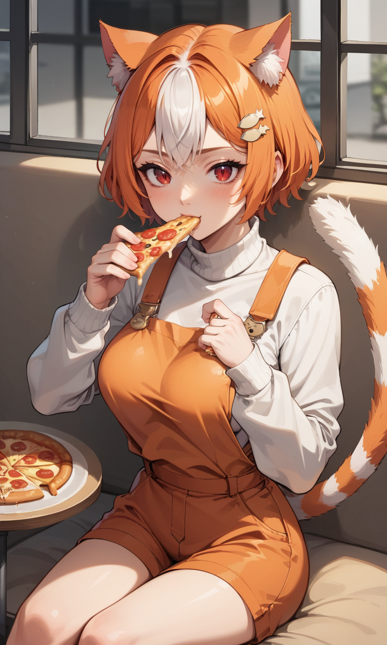 score_9, score_8_up, score_7_up, 2D, rating_explicit, source_anime,
BREAK,
,1girl, solo, tail, red eyes, cat tail, large breasts, cat girl, animal ear fluff, orange hair, multicolored hair, white hair, short hair, animal ears, tail, cat ears, fish hair ornament, hair ornament, hairclip, hair over ears, bangs, two-tone hair, orange overalls, overalls, white sweater, sweater, long sleeves, turtleneck, turtleneck sweater,  <lora:PonyMixMarsey:0.5>, sketch, detailed face, sitting, restaurant, pizza, eating pizza, holding pizza, eating