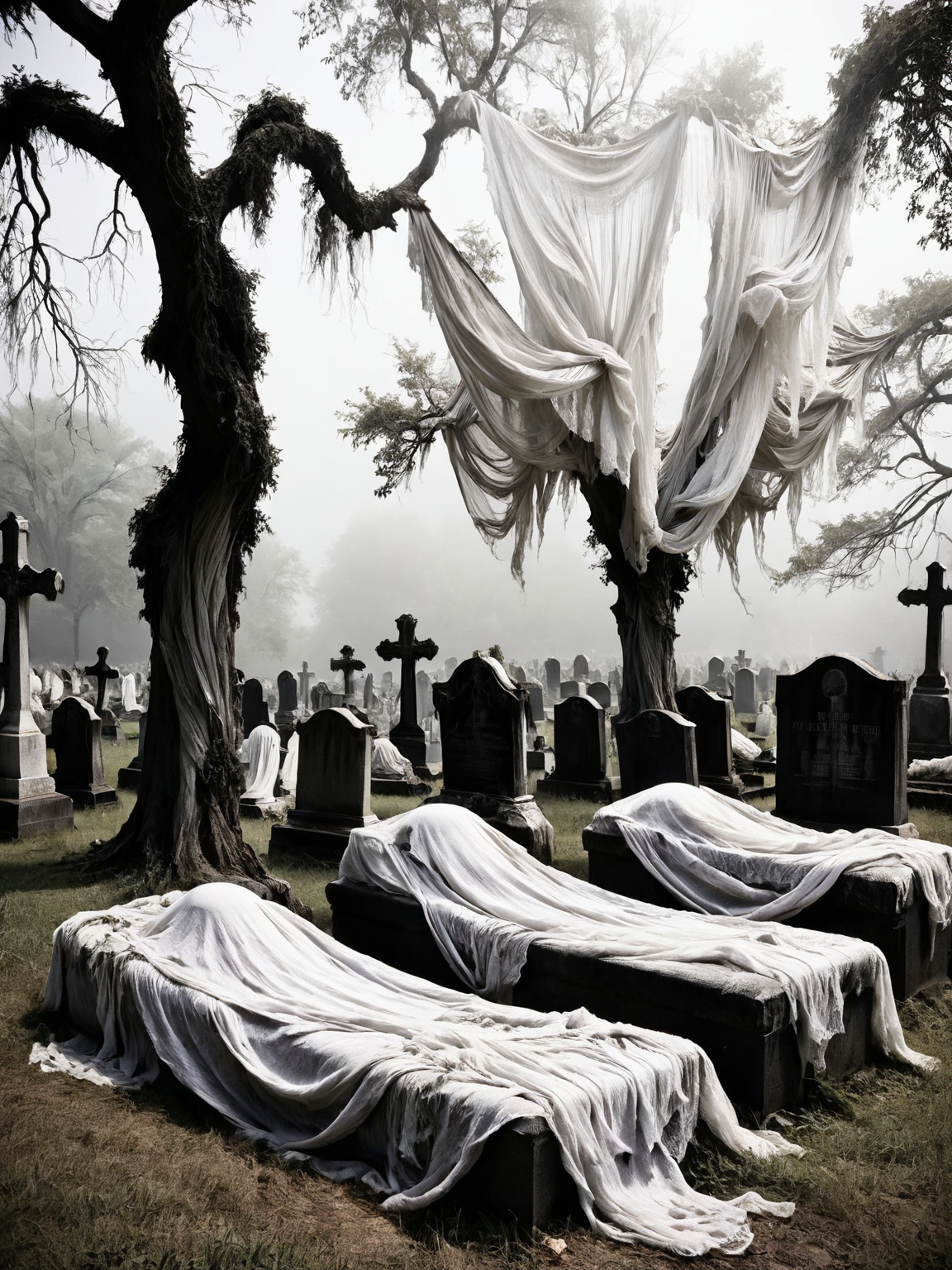 A forgotten graveyard where each tombstone is shrouded in ghostly linens, the fabric moving with no wind to stir it <lora:Shadowy_Linens:0.9> <lora:EnvyBetterHiresFixXL01:0:hr=1>