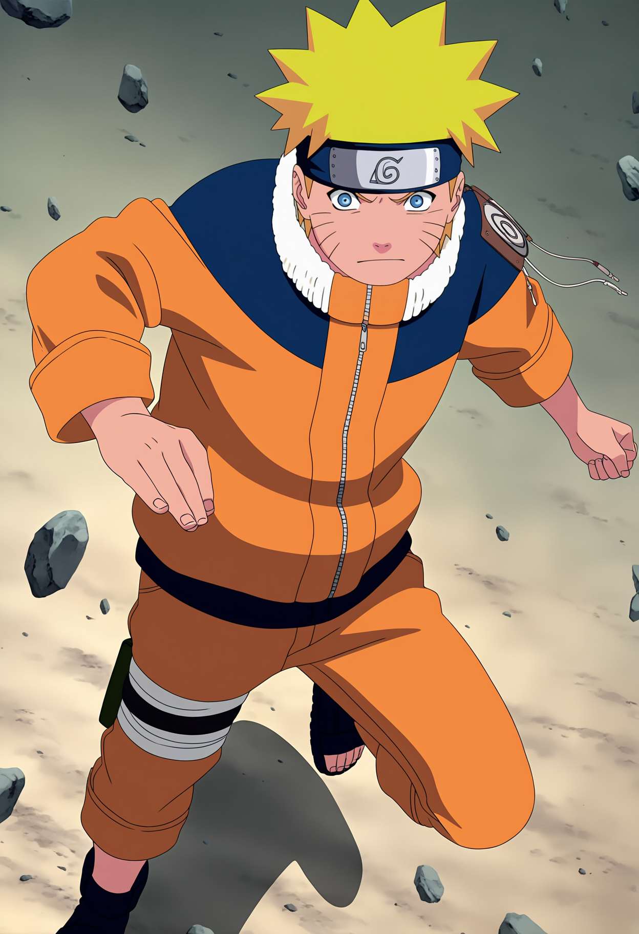 masterpiece, best quality, very aesthetic, absurdres, anime screencap, anime coloring,
1boy, uzumaki naruto, blonde hair, spiked hair, blue eyes, whisker markings, 
forehead protector, konohagakure symbol, orange jumpsuit,
dynamic angle, from above, fighting stance, attack battle form, floating debris, dust, stones, winds, official art, full body,  <lora:NarutoGeninNoobXL_byKonan:1>