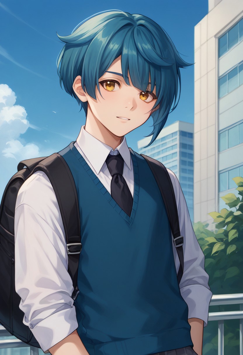 score_9, score_8_up, score_7_up, source_anime, highly detailed, 
Xingqiu, 1boy, male focus, solo, dark blue hair, bangs, short hair, school uniform, yellow eyes, shirt, collared shirt, white shirt, necktie, black necktie, vest, blue vest, sweater vest, pants, backpack, upper body.
outdoor, sky, building, contemporary