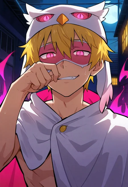 masterpiece, best quality, amazing quality, Bokun art style, male focus, solo, warehouse, dilapidated, burning building, night,
1boy, pink eyes, glowing eyes, yellow hair, white owl hat, winged hat, two-sided cape, white cape, pink cape, head tilt, pink domino mask,
rubbing nose, slit pupils, gesugao, narrowed eyes, dark aura, pink aura, looking at viewer,