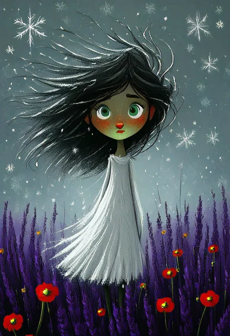 lanky girl, windswept black hair, impossibly thin arms, flowing white dress, enormous green eyes, standing among red poppies, purple lavender stretching to horizon, misty forest background, falling snowflakes, digital painting, textured brushstrokes, rosy cheeks, Tim Burton inspired design, dark whimsical art style