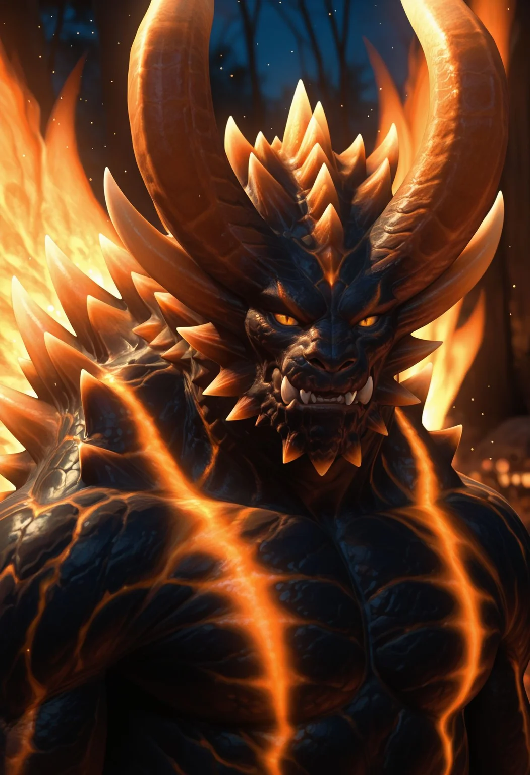 <lora:berial_(dmc)_v1_IL-15:0.8> berial, solo, 1boy, male focus, horns, orange eyes, slit pupils, , spikes, scalie, demon, glowing markings, scales, realistic, upper body, flaming wings, light particles, dark, blurry background, outdoors, portraitw