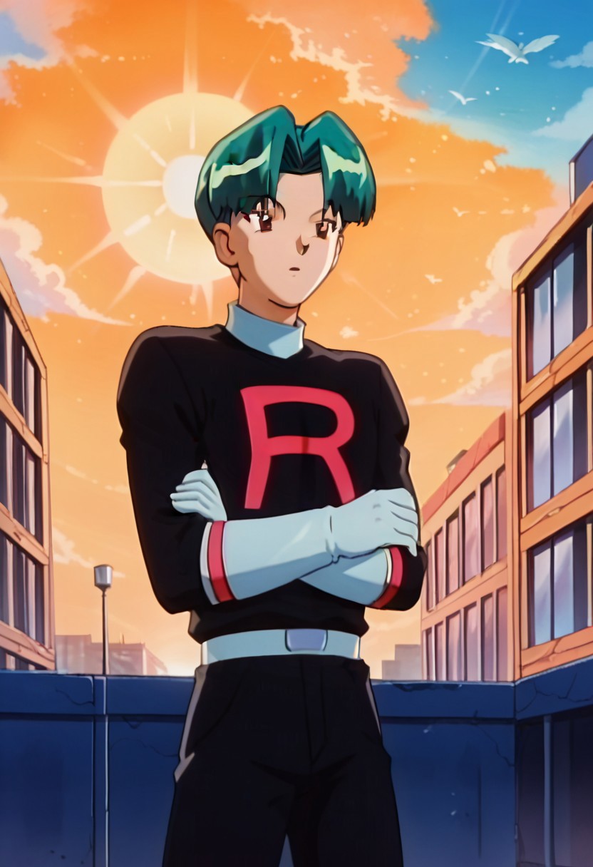 uncensored, score_9__up, score_9, score_8_up, score_8, score_7_up, score_7, score_6_up, score_6, score_5_up, source_anime, anime screencap, retro artsyle, 1990s (style),
PKMNButch, 1boy, Green Hair, brown eyes, short hair, bangs,
team rocket, black shirt, white gloves, black pants, standing, arms crossed, upper body
outdoor, sky, clouds, sun's ray, sun, day, harsh sunlight, cityscape, trees, lamp post, buildings