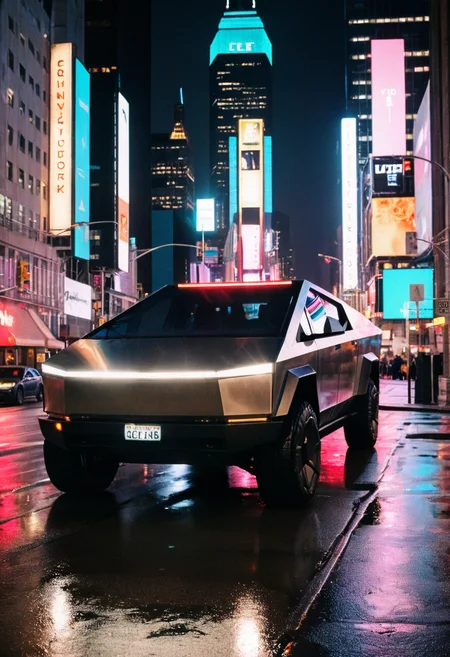 cybertruck gleaming, front side view, headlights on, night, wet avenue reflections, neon lights, Manhattan skyscrapers cityscape background, 4K, highly detailed, (stylish grainy analog 35mm film photo)
