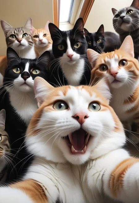a lot of cats take a selfie, 
photography very realist