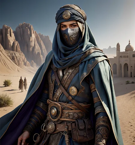 RAW photo, (masterpiece:1.3), subsurface scattering, heavy shadow, (high quality:1.4), (intricate, high detail:1.2), professional photography, HDR, High Dynamic Range, realistic, ultra realistic, photorealistic, high resolution, film photography, ambient lighting, atmospheric effects, <lora:detail_slider_v4:2>, OverallDetail, (1boy:1.3), arar, belt, beard, boots, cape, mask, face cover, covered mouth, dark-skinned male, desert, upper body, looking at viewer, realistic, sash, simple background, solo, veil, <lora:ArabianArmor:1>