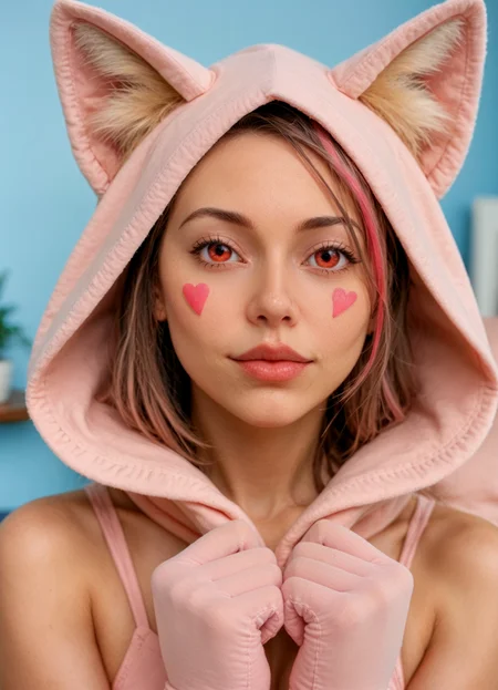 score_9, score_8_up, score_7_up, photo, photorealistic,   1girl, solo, blonde hair, tail, pink, fox_ears, cute, red eyes, medium hair, pastel, thick, gloves, hood, portrait,