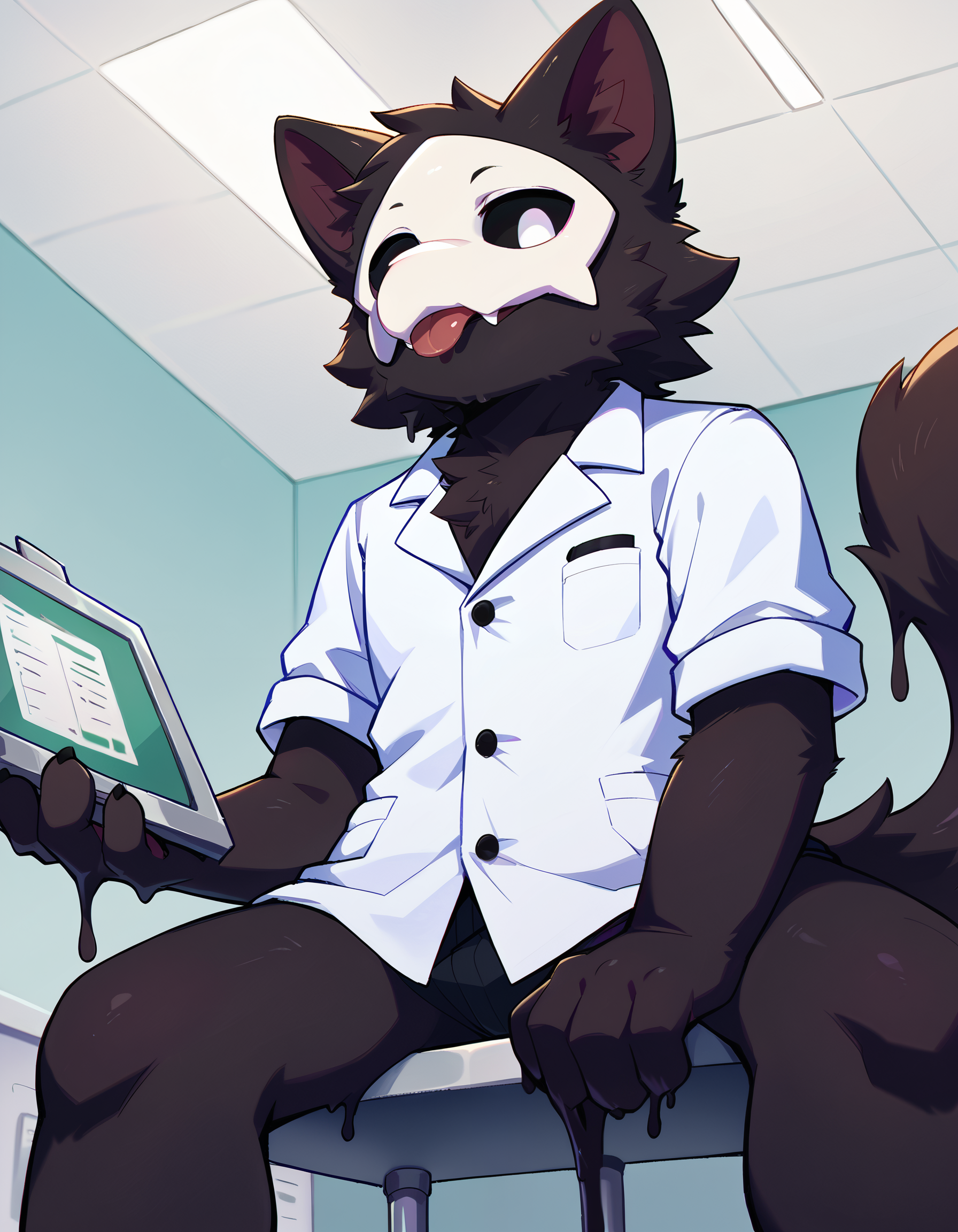 score_9, score_8_up, score_7_up, source_furry, furry, anthro, 1boy, solo, male, tail, animal ears, seductive, looking at viewer, detailed background, <lora:add-detail-xl.safetensors:1.0>, <lora:Puro_Changed.safetensors:1.0>, puro_changed, solo, black fur, mask, black body, anthro, solo, fur, white eyes, black sclera, colored sclera, black eyes, tail, holding, animal ears, goo body, goo, expressive goo, blep, upper body, togue out,  (from below, sitting looking forward, kubrick stare, lab, lab background:1.15)