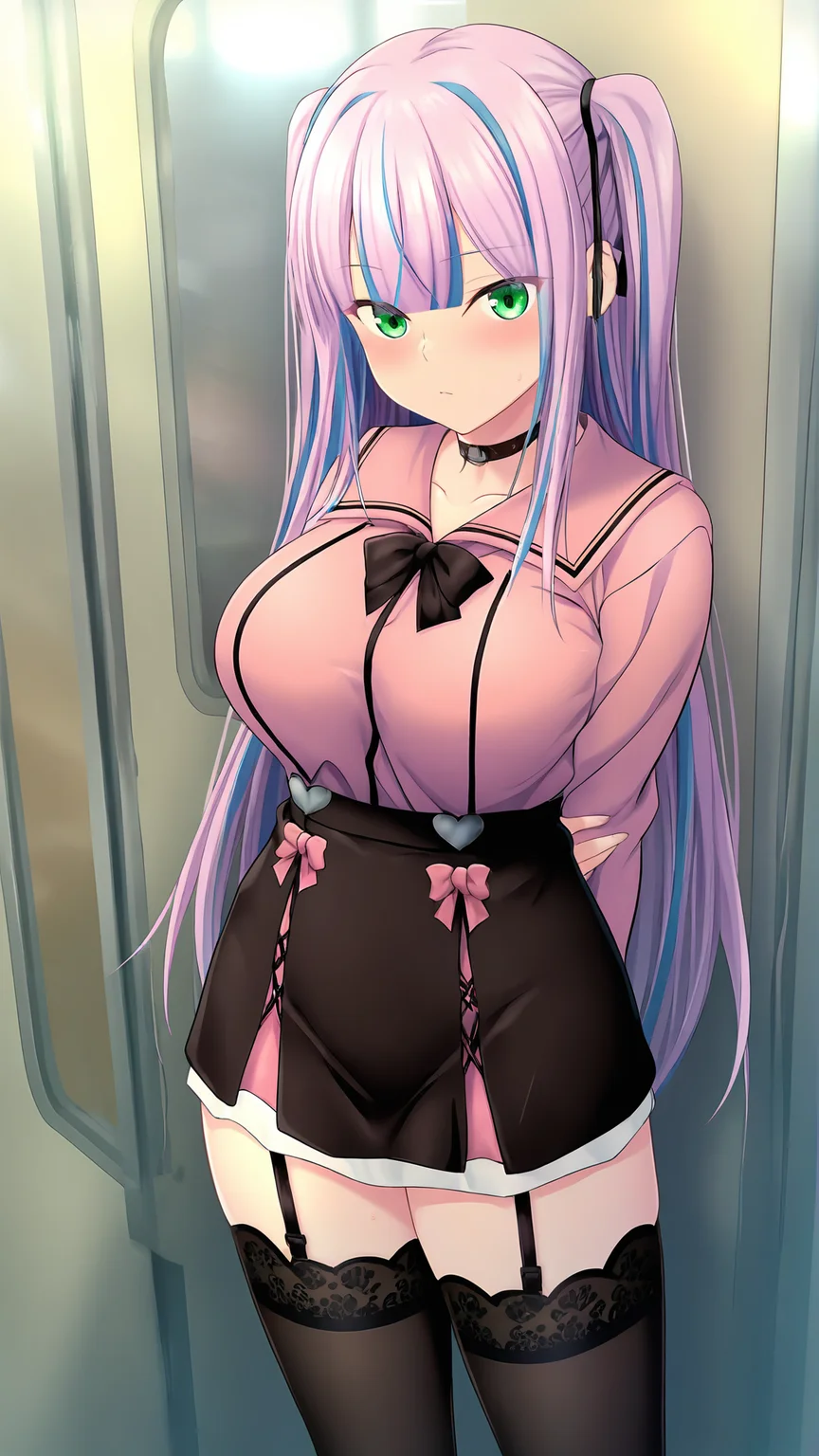 amazing quality,absurdres,best quality,masterpiece,highres,newest,detailed,detailed body,detailed face,masterpiece,best quality,solo,
rimika,1girl,green eyes,thighhighs,skirt,black skirt,multicolored hair,long hair,twintails,miniskirt,long sleeves,train interior,pink hair,shirt,purple hair,black thighhighs,bow,blue hair,ribbon,two-tone hair,jacket,
<lora:rimika:1>,