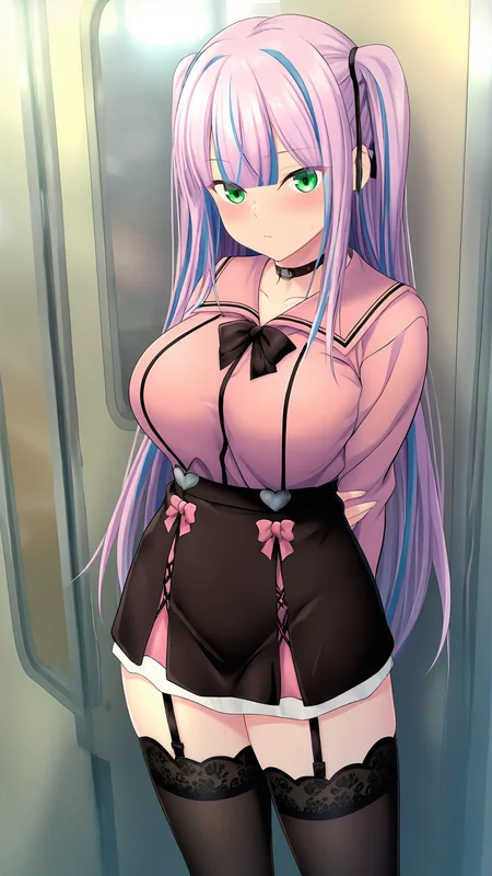 amazing quality,absurdres,best quality,masterpiece,highres,newest,detailed,detailed body,detailed face,masterpiece,best quality,solo,
rimika,1girl,green eyes,thighhighs,skirt,black skirt,multicolored hair,long hair,twintails,miniskirt,long sleeves,train interior,pink hair,shirt,purple hair,black thighhighs,bow,blue hair,ribbon,two-tone hair,jacket,
<lora:rimika:1>,