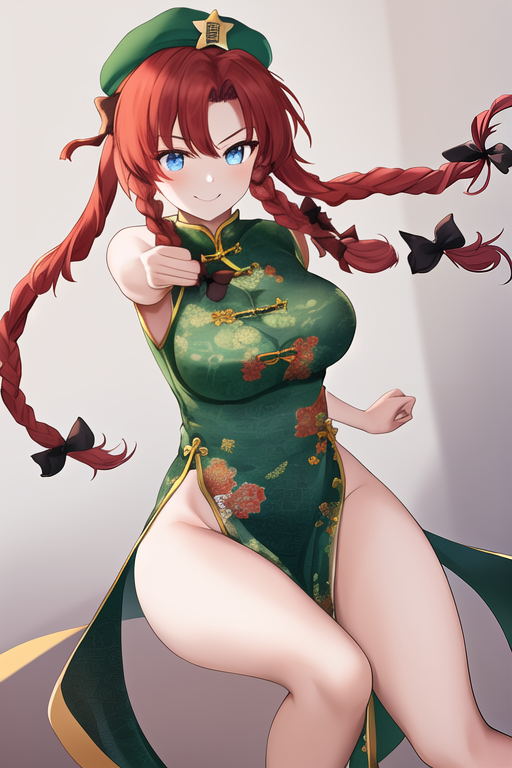 masterpiece, best quality, highres, solo, {hong_meiling_touhou:1.10}, braid, long_hair, red_hair, twin_braids, star_\(symbol\), hat, hat_ornament, star_hat_ornament, beret, smile, bow, breasts, hair_bow, blue_eyes, ribbon, bangs, green_eyes, 1girl, chinese_clothes, dress, china_dress, fighting_stance
