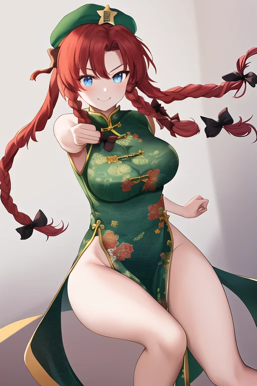 masterpiece, best quality, highres, solo, {hong_meiling_touhou:1.10}, braid, long_hair, red_hair, twin_braids, star_\(symbol\), hat, hat_ornament, star_hat_ornament, beret, smile, bow, breasts, hair_bow, blue_eyes, ribbon, bangs, green_eyes, 1girl, chinese_clothes, dress, china_dress, fighting_stance