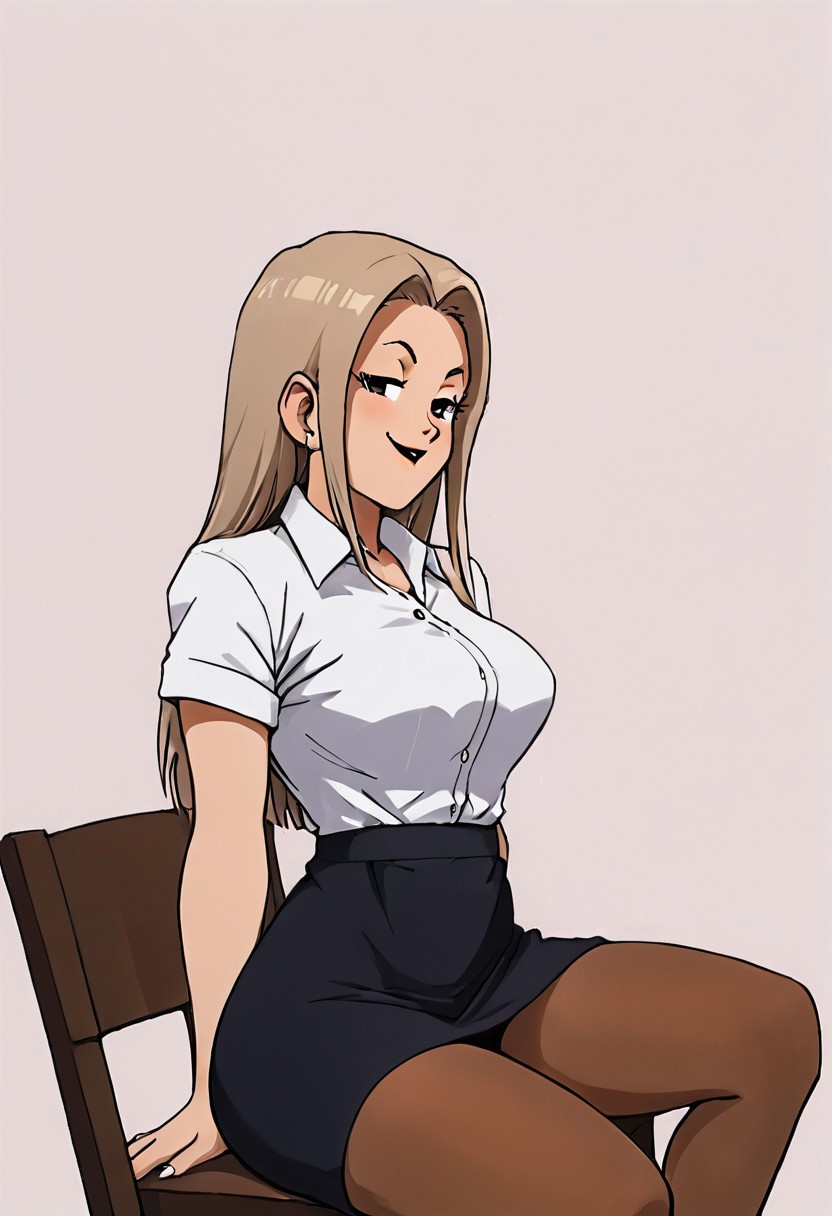 embedding:urn:air:sd1:embedding:civitai:222256@250708, score_9, score_8_up, score_7_up,, source_anime, rating_explicit, 
BREAK 
1woman,solo， Chi Chi, large breasts, suit, black shirt, short sleeves, short skirt, black skirt, brown pantyhose, smug, 
BREAK 
Simple background, chair, sitting on a chair,