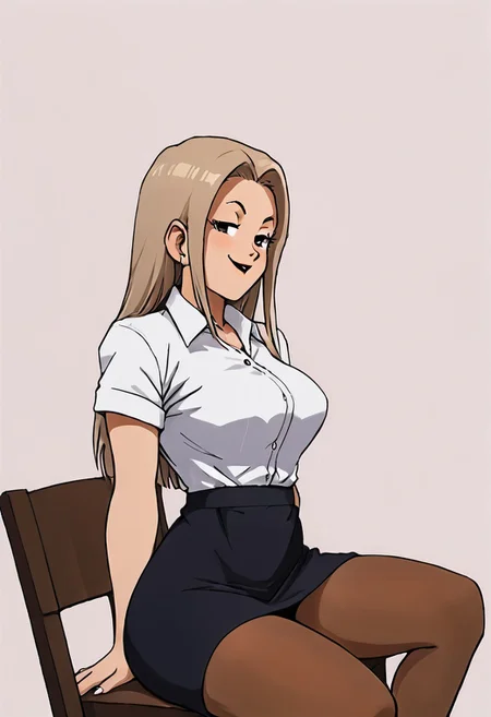 embedding:urn:air:sd1:embedding:civitai:222256@250708, score_9, score_8_up, score_7_up,, source_anime, rating_explicit,
BREAK
1woman,solo, Chi Chi, large breasts, suit, black shirt, short sleeves, short skirt, black skirt, brown pantyhose, smug,
BREAK
Simple background, chair, sitting on a chair,