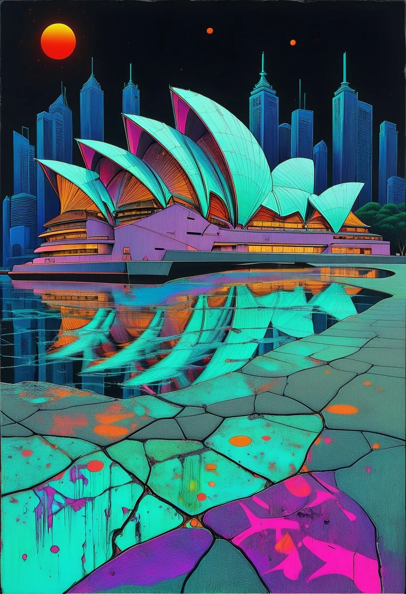 acidillust, a surreal depiction of the Sydney Opera House, its iconic sails glowing with neon patterns and vibrant graffiti, surrounded by a dystopian urban environment with cracked pavement and glowing reflections on the water. Acid illustration style, bold textures, vibrant colors, and surreal lighting with intricate details on the architecture and graffiti.