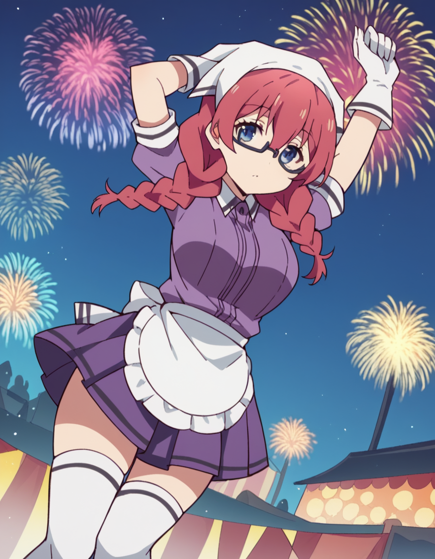 score_9, score_8_up, score_7_up, source_anime, <lora:miu-amano-s1-ponyxl-lora-nochekaiser:1>, miu amano, long hair, bangs, blue eyes, braid, red hair, glasses, twin braids, semi-rimless eyewear, under-rim eyewear, large breasts,, skirt, shirt, thighhighs, gloves, short sleeves, pleated skirt, glasses, puffy sleeves, white gloves, apron, white thighhighs, puffy short sleeves, waist apron, purple skirt, purple shirt, waitress, head scarf,, festival, fireworks, summer night, food stall, traditional, arms up,, , , arm behind back, knee bent, foot pointed, solo,, cowboy shot, dutch angle