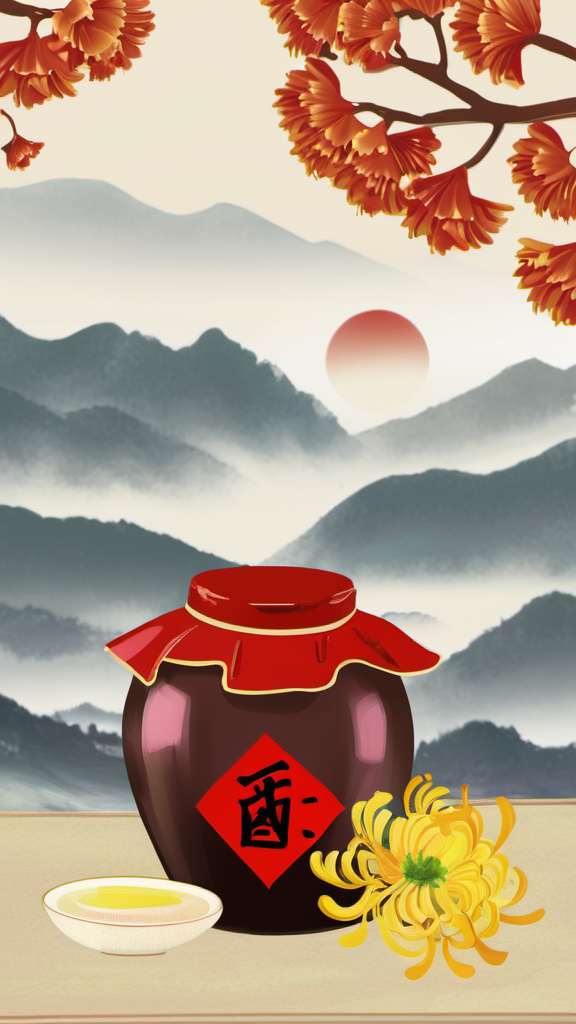 ChongYang Photography, a jar of wine with text '\u9152', chrysanthemums, river, hills, red sun,  best quality, high quality, masterpiece, 8K UHD, highly detailed, ultra detailed <lora:ChongYang_v1.0:0.8>
