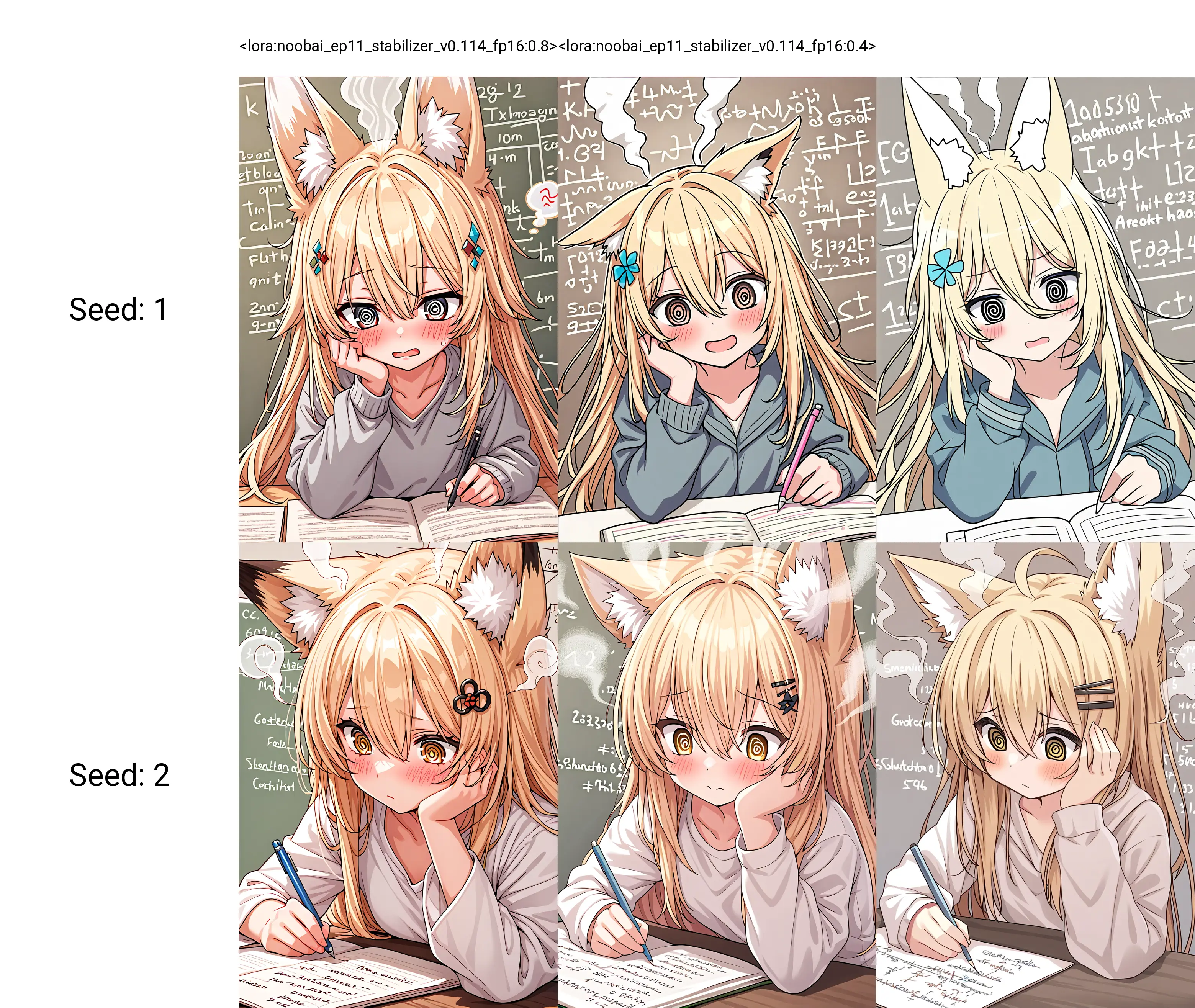<lora:noobai_ep11_stabilizer_v0.114_fp16:0.8>1girl,fox girl,fox ears,blonde hair,long hair,hair between eyes,hair ornament,head steam,@_@,doing homework,hand on own cheek,math equation background,masterpiece,