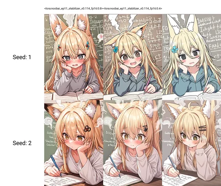 <lora:noobai_ep11_stabilizer_v0.114_fp16:0.8>1girl,fox girl,fox ears,blonde hair,long hair,hair between eyes,hair ornament,head steam,@_@,doing homework,hand on own cheek,math equation background,masterpiece,