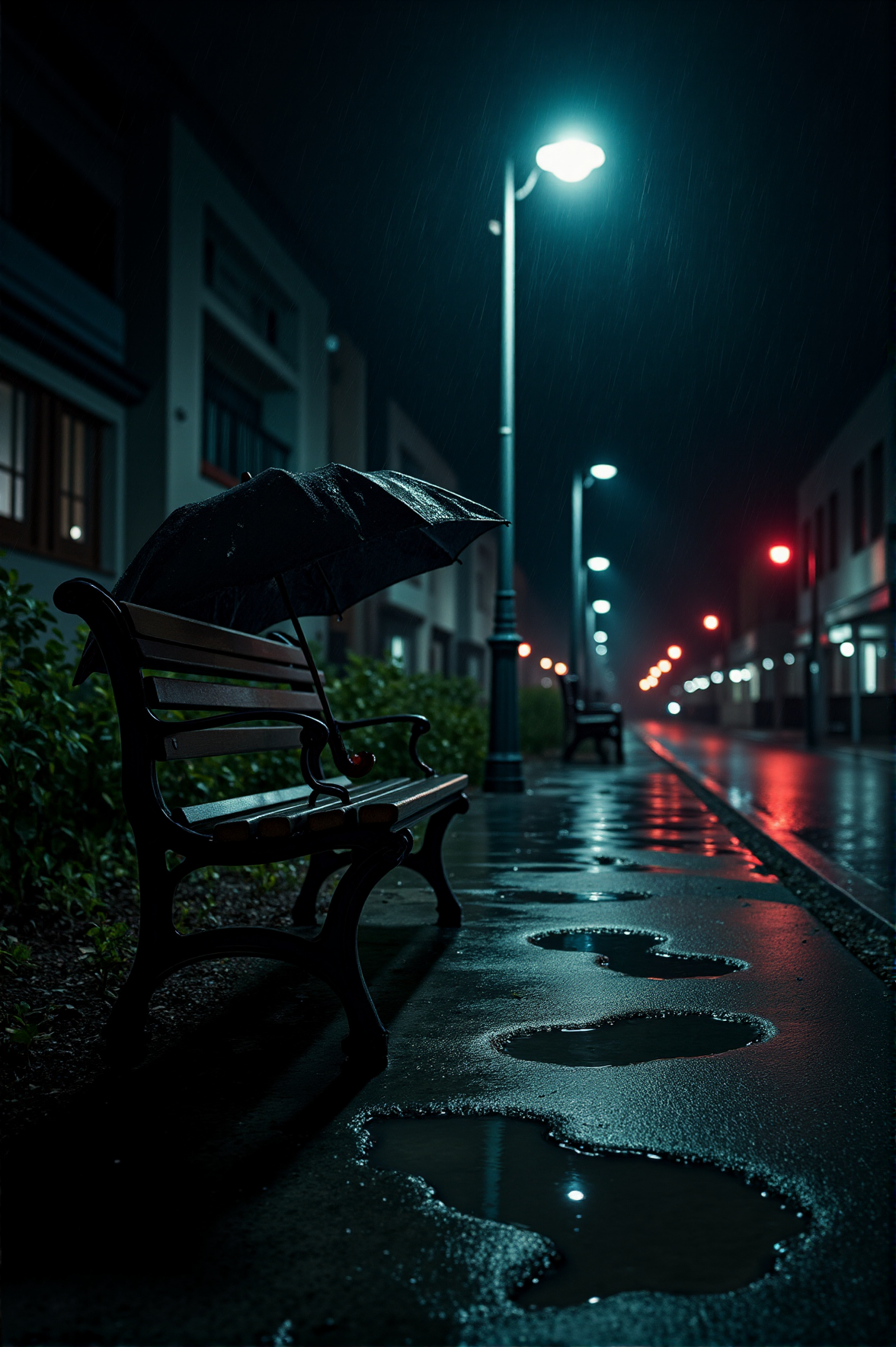 Under a dim streetlamp, an umbrella leans against a rain-slicked bench. The storm has passed, leaving only puddles reflecting neon city lights. Footsteps leading away from the scene disappear into the night, as if someone walked away without looking back.
<lora:melancholic-solitude-flux:1>