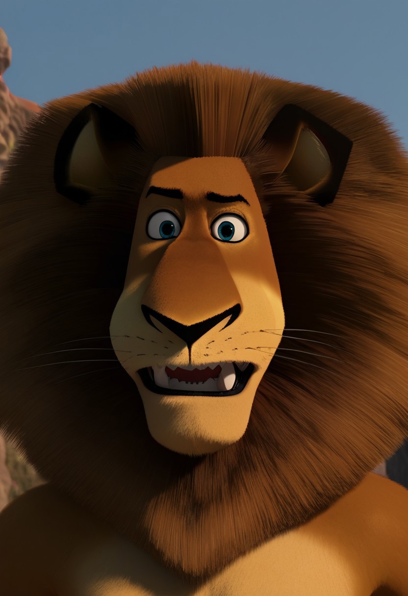 score_9_up, score_8_up, score_7_up, masterpiece, best quality, amazing quality, very aesthetic, absurdres, newest,  high quality, detailed, male, solo male, AlexTheLion, 1boy, mature male, male, athletic build, anthro, lion, animal ears, blue eyes, tan fur, brown hair, brown mane, outdoors, standing, half body, looking at viewer, grinning, sharp teeth, topless, close up, bust shot