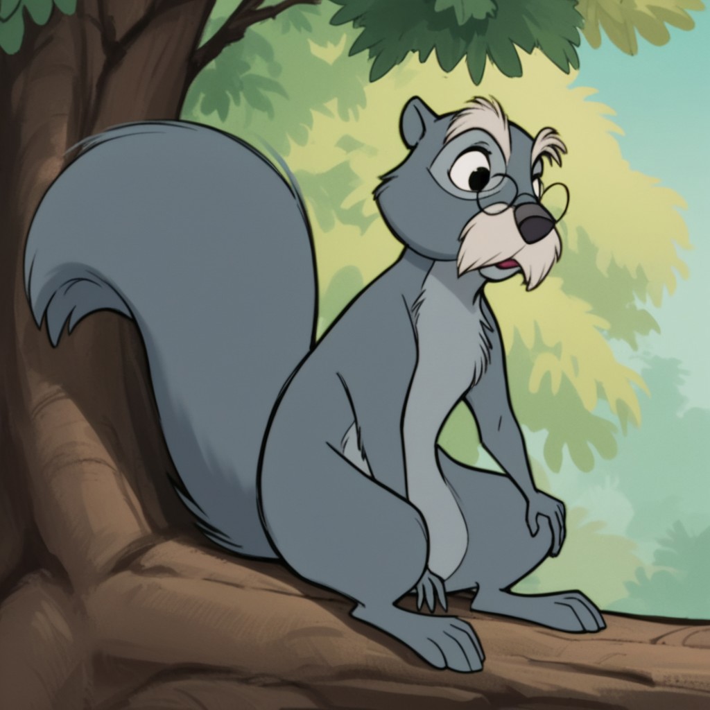 score_9, score_8_up, score_7_up, score_6_up, score_5_up, score_4_up, source_furry, SquirrelMerlin, feral, male, squirrel, grey fur, glasses, squirrel tail, mustache, sitting, in a tree,