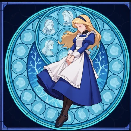 masterpiece, best quality, amazing quality, very aesthetic, absurdres, newest, 4k, 8k,
divetotheheartxd, circle, black background, stained glass, round image, dress, blonde hair, 1girl, apron, closed eyes, long hair, solo, blue dress, white apron, hairband, pantyhose, shoes
<lora:STATION_OF_AWAKENING_V2:1>