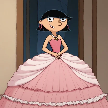 score_9_up,score_8_up,score_7_up,score_6_up,score_5_up,score_4_up BREAK rhonda,black hair, black eyes, bob cut, blunt bangs, very long large straight tulle pink princess ball gown hoop skirt, ball gown hoop skirt, pink princess dress, hoopdress, my big princess gypsy wedding dress, ballgown, a girl in a dress posing for a picture, wearing a sleeveless ballgown, looking at viewer and smiling,