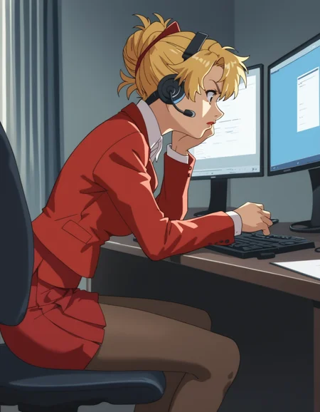 score_9, score_8_up, score_7_up, <lora:ai-shimai-ponyxl:0.8> 1girl, solo,
okamoto, blonde hair, (lipstick:0.6), skirt suit, red shirt, long sleeves, red skirt, microskirt, pantyhose,
headset, chair, desk, monitor, computer, annoyed, looking at screen, from side